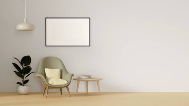 Boş beyaz duvar zemininde bir koltuk ve beyaz duvarda boş çerçeve modeliyle modern minimalist iç mekan. 3d resimleme.