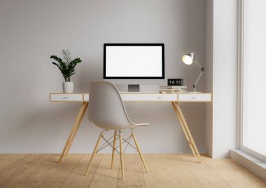 Modern bir bilgisayar boş ekran maketi modern bir minimal ev ofisinde bir masanın üzerinde. 3d resimleme.