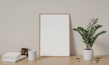 Konforlu oturma odasının içini gösteren poster çerçevesi, 3 boyutlu resimleme.