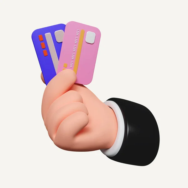 Cartoon businessman character hand holding a credit card icon isolated on white background. 3d rendering illustration. Clipping path of each element included..