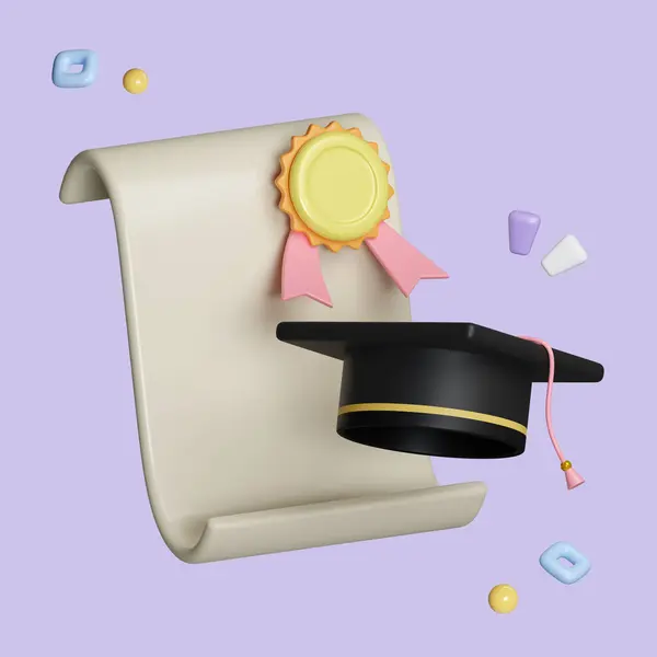 3d simple certificate or diploma icon with yellow stamp and graduate hat isolated on pastel background. icon symbol clipping path. education. 3d render illustration.