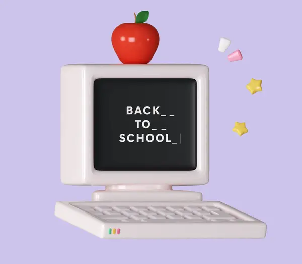 old vintage personal computer with red apple. Back to school concept. icon symbol clipping path. 3d render illustration.