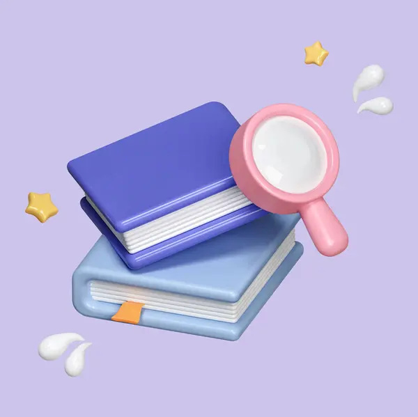 3d search knowledge icon. Magnifying glass with stack of book, isolated on background. icon symbol clipping path. 3d render illustration.