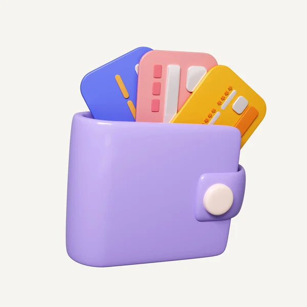 Cartoon wallet with credit card. Online shopping payment concept. icon isolated on white background. 3d rendering illustration. Clipping path of each element included..