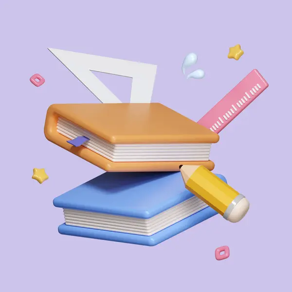 Üç boyutlu eğitim, kitap ve cetvel seti pastel arka planda izole edilmiş. Simge simgesi kırpma yolu. 3d resimleme.