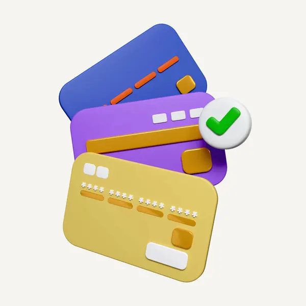 credit cards with green check mark. Done, approved, completed banking operation idea. Online shopping, icon isolated on white background. 3d rendering illustration. Clipping path.