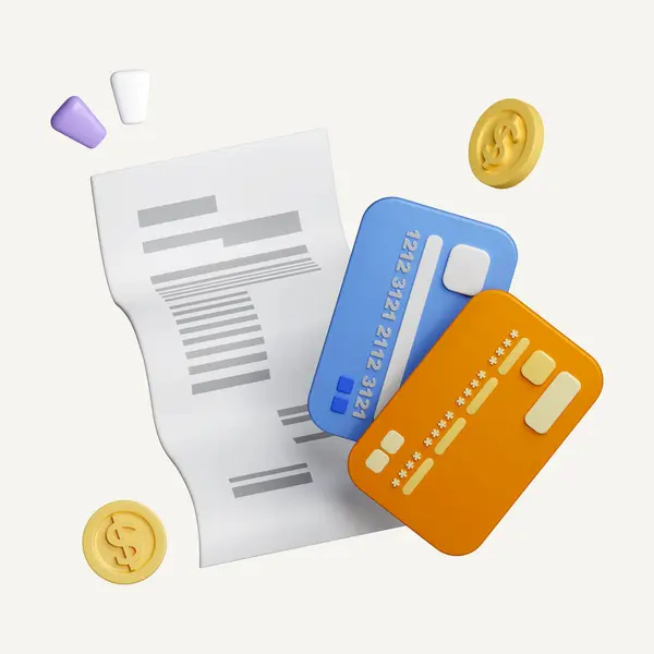 3D credit card and receipt or bill on white background. With flying coins. 3d rendering illustration. Clipping path of each element included..