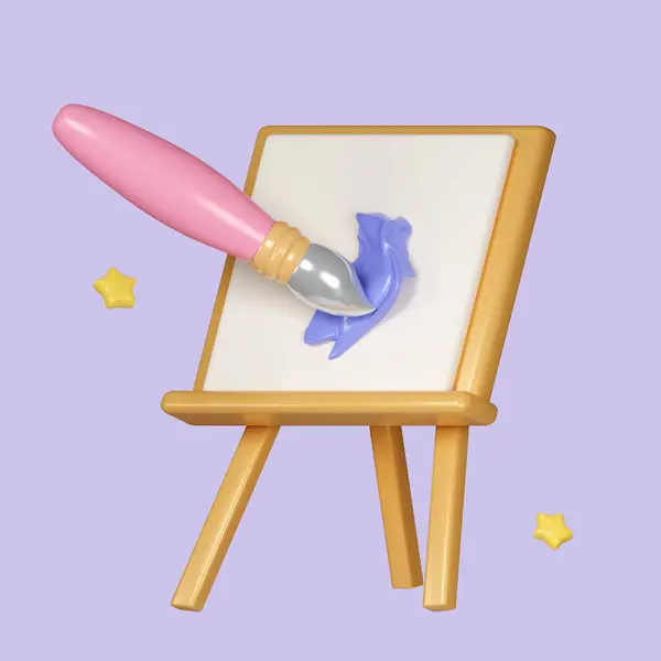 Easel, canvas with drawings and paints, brush. Simple icon for web and app. Modern trendy design. icon isolated on pastel background. icon symbol clipping path. education. 3d render illustration.