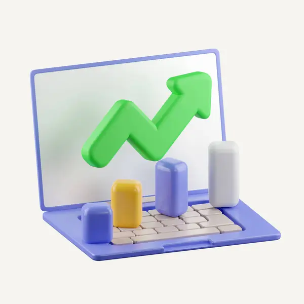 Bar chart with arrow up icon on laptop. Data analysis concept. growing strategy chart, growth business success. icon isolated on white background. 3d rendering illustration. Clipping path..