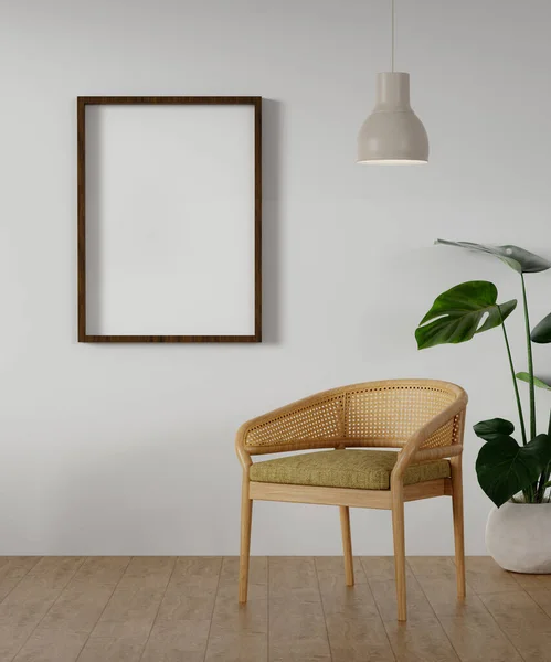 Boş beyaz duvar zemininde bir koltuk ve beyaz duvarda boş çerçeve modeliyle modern minimalist iç mekan. 3d resimleme.