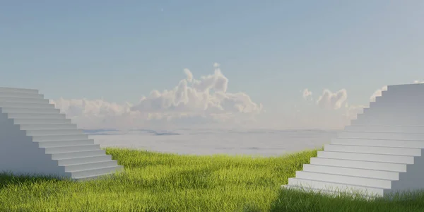 Platform ve doğal podyum merdiven arkaplanı çimen alanı ve ürün gösterimi için gökyüzü bulutu arka planı. Peyzaj sahnesi. 3d resimleme.