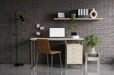 Asgari bir ofisteki masada dizüstü bilgisayarı olan minimalist çalışma alanı. 3d resimleme.