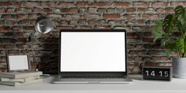 Asgari bir ofisteki masada dizüstü bilgisayarı olan minimalist çalışma alanı. 3d resimleme.