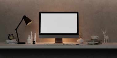 Modern bir bilgisayar boş ekran maketi modern bir minimal ev ofisinde bir masanın üzerinde. 3d resimleme.