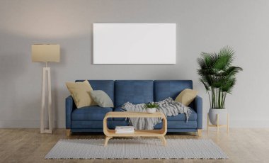 Beyaz duvardaki boş resim çerçevesi modeli. Modern oturma odası tasarımı. Kanepeyle modern İskandinav tarzı iç mekan manzarası. 3d resimleme.