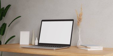 Asgari bir ofisteki masada dizüstü bilgisayarı olan minimalist çalışma alanı. 3d resimleme.