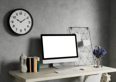 Modern bir bilgisayar boş ekran maketi modern bir minimal ev ofisinde bir masanın üzerinde. 3d resimleme.