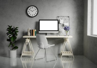 Modern bir bilgisayar boş ekran maketi modern bir minimal ev ofisinde bir masanın üzerinde. 3d resimleme.