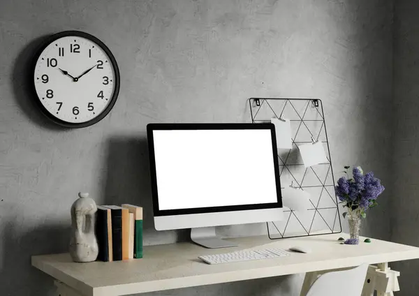 Modern bir bilgisayar boş ekran maketi modern bir minimal ev ofisinde bir masanın üzerinde. 3d resimleme.