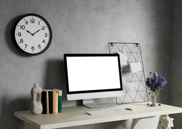 A modern PC computer blank screen mockup is on a table in a modern minimal home office. 3d render illustration.