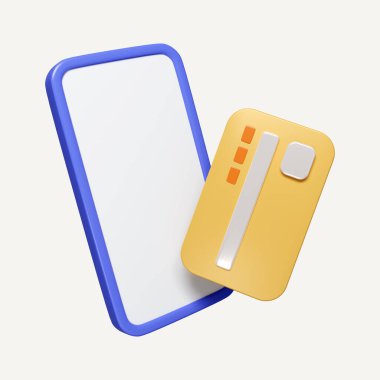 3D telefon ve yüzen kredi kartı. Mobil bankacılık ve Çevrimiçi ödeme servisi. İş dünyası finansal konsepti. Beyaz arkaplanda ikon izole edildi. 3D tasvir. Kesme yolu..