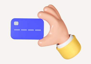 3D el, kredi kartı tutuyor. Çevrimiçi ödeme ya da ödeme işlemleri için kredi kartı kullanıyor. Beyaz arkaplanda ikon izole edildi. 3D tasvir. Kesme yolu..