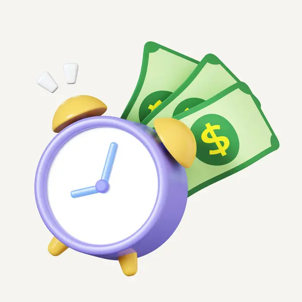 3D Alarm clock with money. Transfer money to the account reminder. icon isolated on white background. 3d rendering illustration. Clipping path..