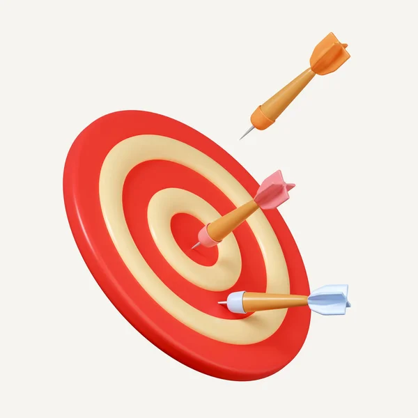3d arrows aims at a dartboard target. Winning situation. Reach goal of success. Achievement concept. icon isolated on white background. 3d rendering illustration. Clipping path..