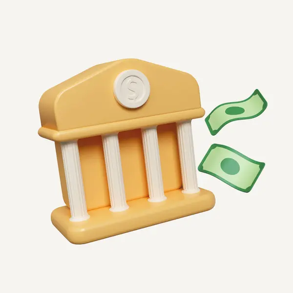 bank building with cash floating. Deposit and withdrawal, transactions service of money, banking financial. icon isolated on white background. 3d rendering illustration. Clipping path..