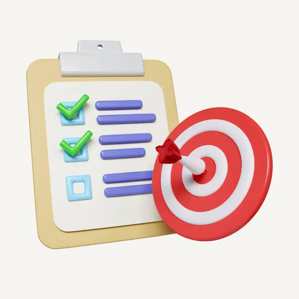 3D checklist with target bullseye and arrow in aim. Check list on clipboard with tick marks. icon isolated on white background. 3d rendering illustration. Clipping path..