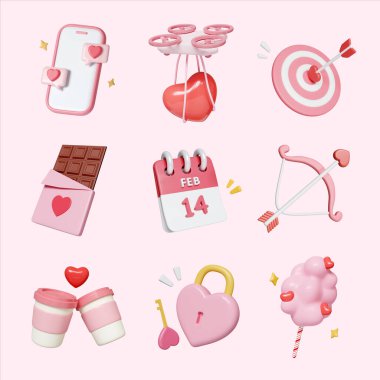 Sevgililer Günü 'nün 3 boyutlu ikon seti, kalpler, tatlı çikolata ve hediyeler, Sevgililer Günü konsepti 3D tasvir. Kesme yolu..