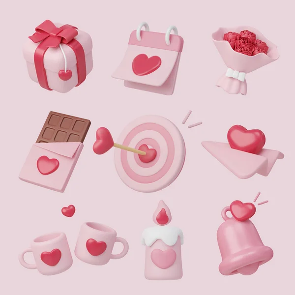 3d icon set of Valentines day ,Hearts, sweet chocolate and gifts, Valentines Day Concept.3d rendering illustration. Clipping path..