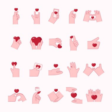 Kalp el ikonlarına ayarlandı. Eller kalp ikonunu tutuyor. Aşk ikonu. Sağlık, tıp sembolü. Kalbi düz tutan sağlık görevlileri. vektör illüstrasyonu..