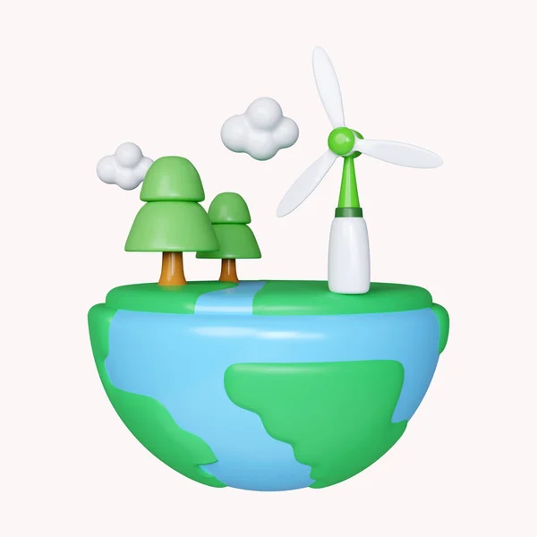 3d Globe tree and windmill. Earth Day Save World Environment icon concept. icon isolated on white background. 3d rendering illustration. Clipping path..