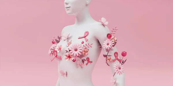 3D çizim, kadın göğüs, renkli kağıt çiçeklerle kaplı beyaz manken, pembe arka planda izole edilmiş kadın silueti. Göğüs kanseri desteği. Çiçek moda konsepti. Modern botanik heykeli.