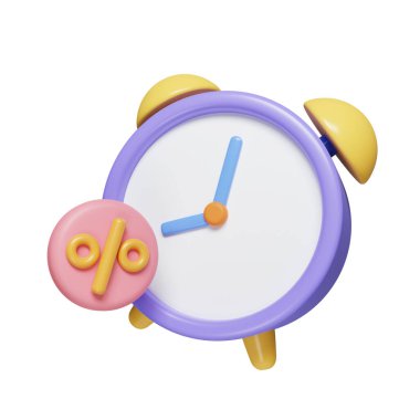 Yüzde indirimli yuvarlak etiketli 3D çalar saat. Özel indirim teklifi. İndirim zamanı. Beyaz arkaplanda ikon izole edildi. 3D tasvir. Kesme yolu..