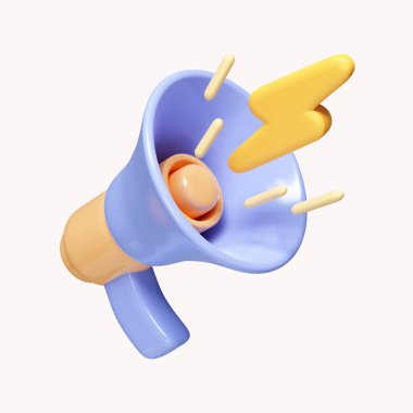 3D megafon hoparlörü. Pazarlama zamanı konsepti. Reklam ve promosyon. Beyaz arkaplanda ikon izole edildi. 3D tasvir. Kesme yolu..