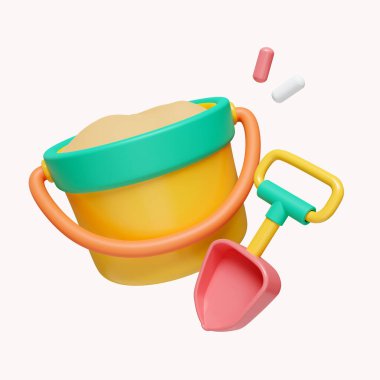 3D kum kovası ikonu yaz tatili. Yaz tatili ve tatil konsepti. Beyaz arkaplanda ikon izole edildi. 3D tasvir. Kesme yolu..