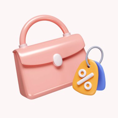 İndirim etiketli 3D çanta. Promosyon satışı, online alışveriş konsepti. Beyaz arkaplanda ikon izole edildi. 3D tasvir. Kesme yolu..