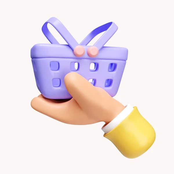 3d hand holding shopping basket. Empty shopping basket. icon isolated on white background. 3d rendering illustration. Clipping path..