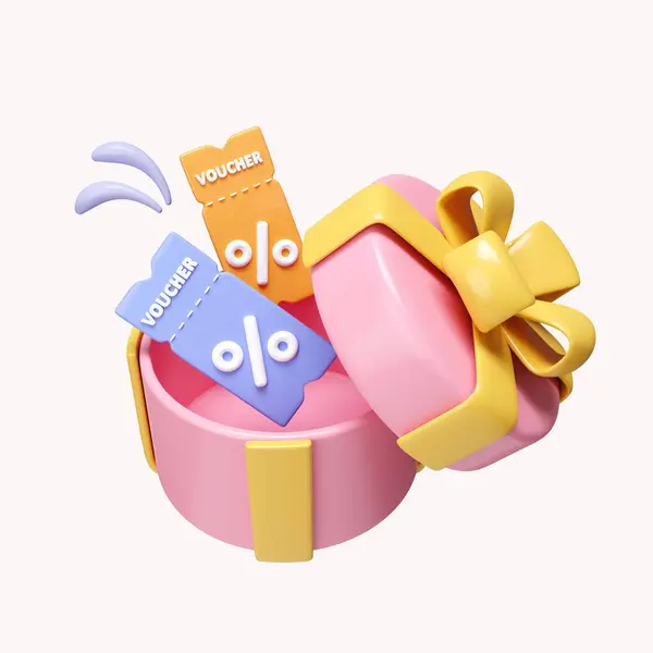 3d gift ticket. Benefits voucher in present box. event ticket icon badge, gift box, special voucher concept. icon isolated on white background. 3d rendering illustration. Clipping path..