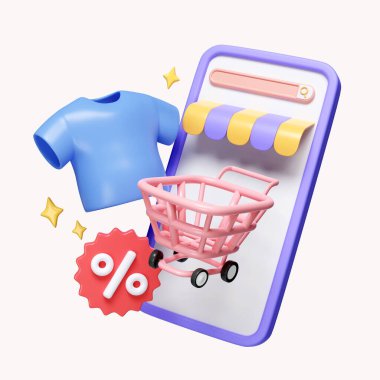 İnternetten alışveriş için fiyat etiketli 3D cep telefonu. Terfi etiketli indirim kuponu olan bir araba. Beyaz arkaplanda ikon izole edildi. 3D tasvir. Kesme yolu..