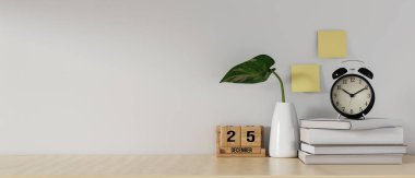 Yaratıcı çalışma alanı. Ev ofisi ahşap masa çalışma alanı. Ofis işyerindeki malzemeler. Modern iç tasarım konsepti. 3d oluşturma..