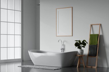 Modern beyaz banyo, beyaz zemin minimal iç tasarımı, 3D.
