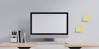 Beyaz duvarda bilgisayar ve ofis malzemeleri olan ofis masası çalışma alanı. Modern iç tasarım konsepti. 3d oluşturma..