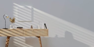 Boş poster çerçevesi oturma odasında modellenir. Modern oturma odası arka planı, bej ahşap masa. 3d resimleme..