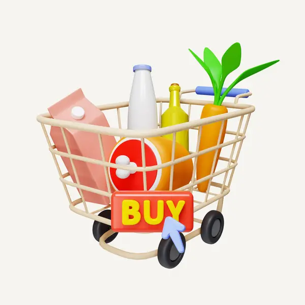 3D Shopping cart and food with buy button. food delivery concept from online store. icon isolated on white background. 3d rendering illustration. Clipping path..