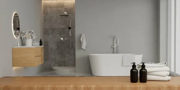 modern bathroom with minimal interior design, 3d render.
