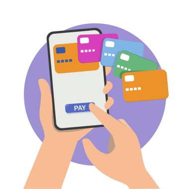Mobil alışveriş. NFC ödemesi. Çevrimiçi ödemeli akıllı telefon. Kredi kartı nakitsiz. Temassız ödeme konsepti. E-ödeme. Vektör illüstrasyonu.