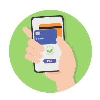 Cep telefonunda sanal kredi kartıyla temassız nakit ödeme. POS terminalleri ve NFC teknolojisiyle el ödemeleri başarıyı onaylıyor. Beyaz arkaplanda izole edilmiş vektör illüstrasyonu.